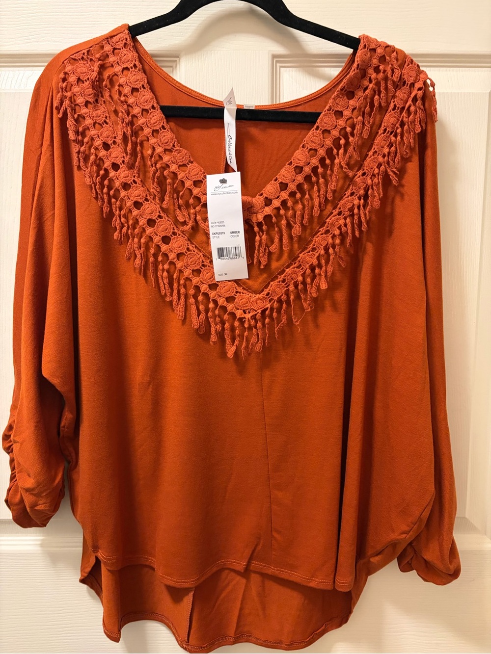 NY Collection Women’s Sz XL Umber Lace Crochet Fringe V Neck Boho Blouse Top NWT
